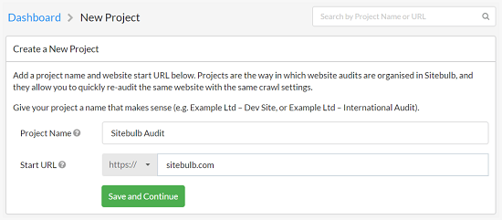 crear un proyecto con sitebulb