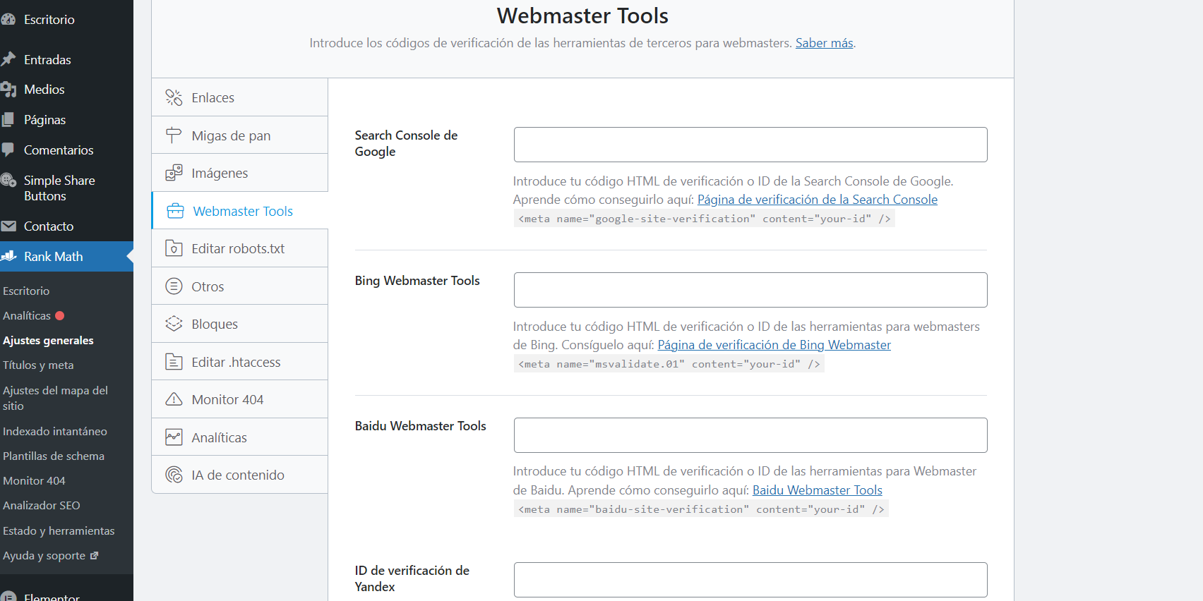 rank math seo webmaster tools