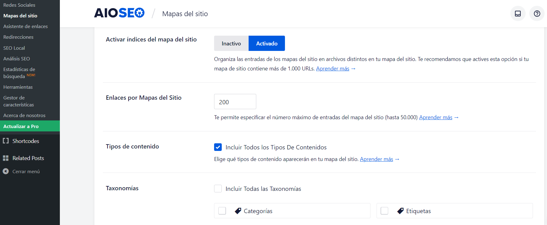 all in one sitemap opciones