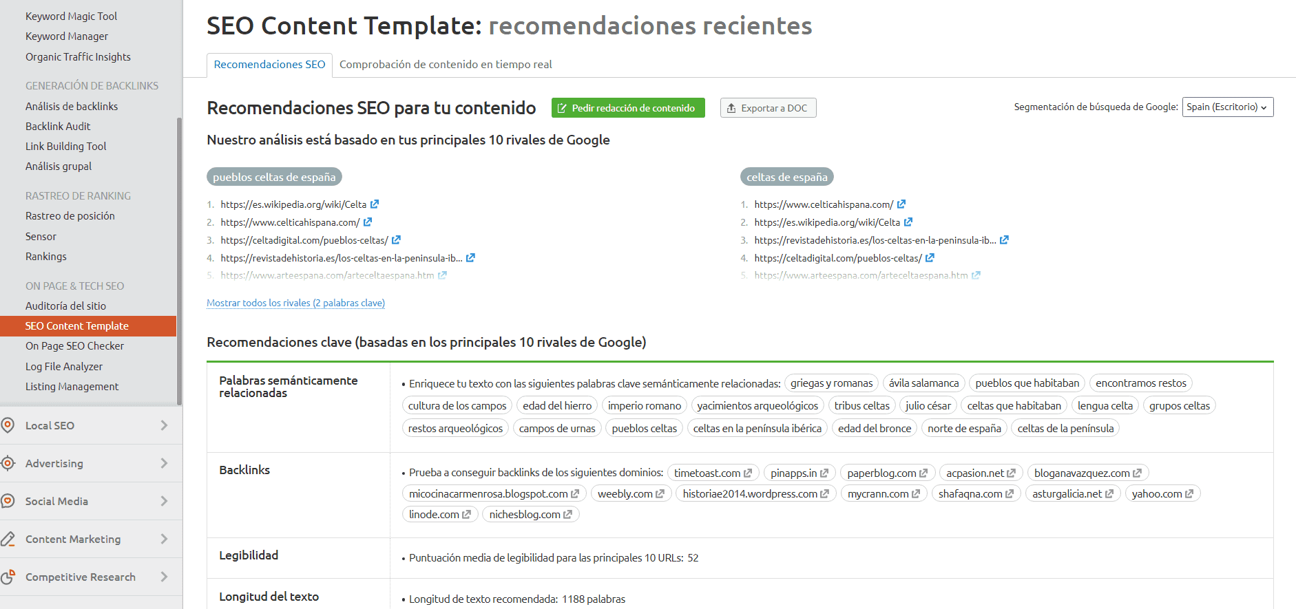seo content template recomendaciones de contenido