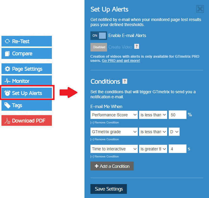 Configuración de alarmas en GTmetrix