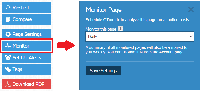 Monitorización de páginas en GTmetrix