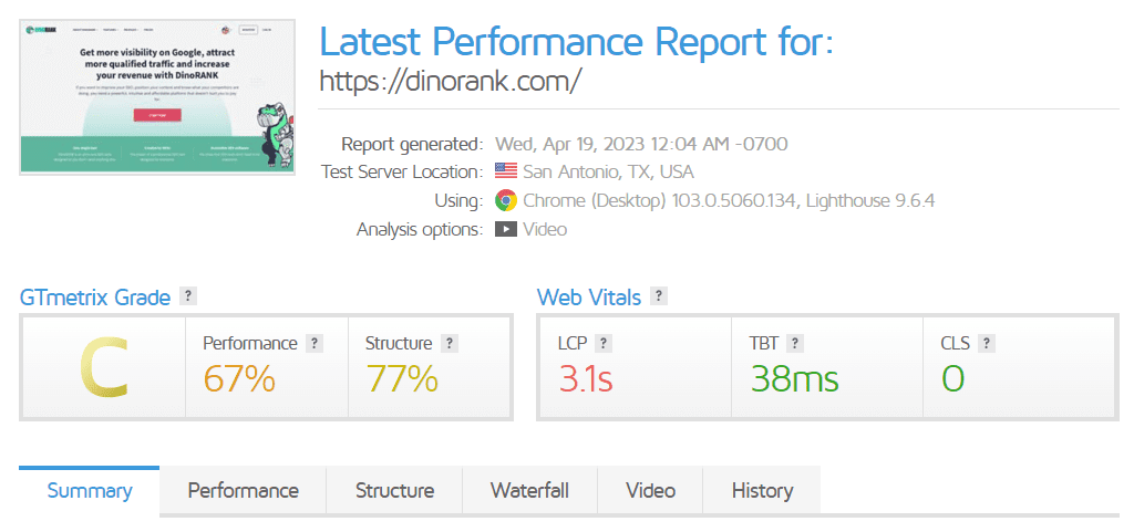 Ejemplo del resultado de un análisis de rendimiento de una página web con GTmetrix