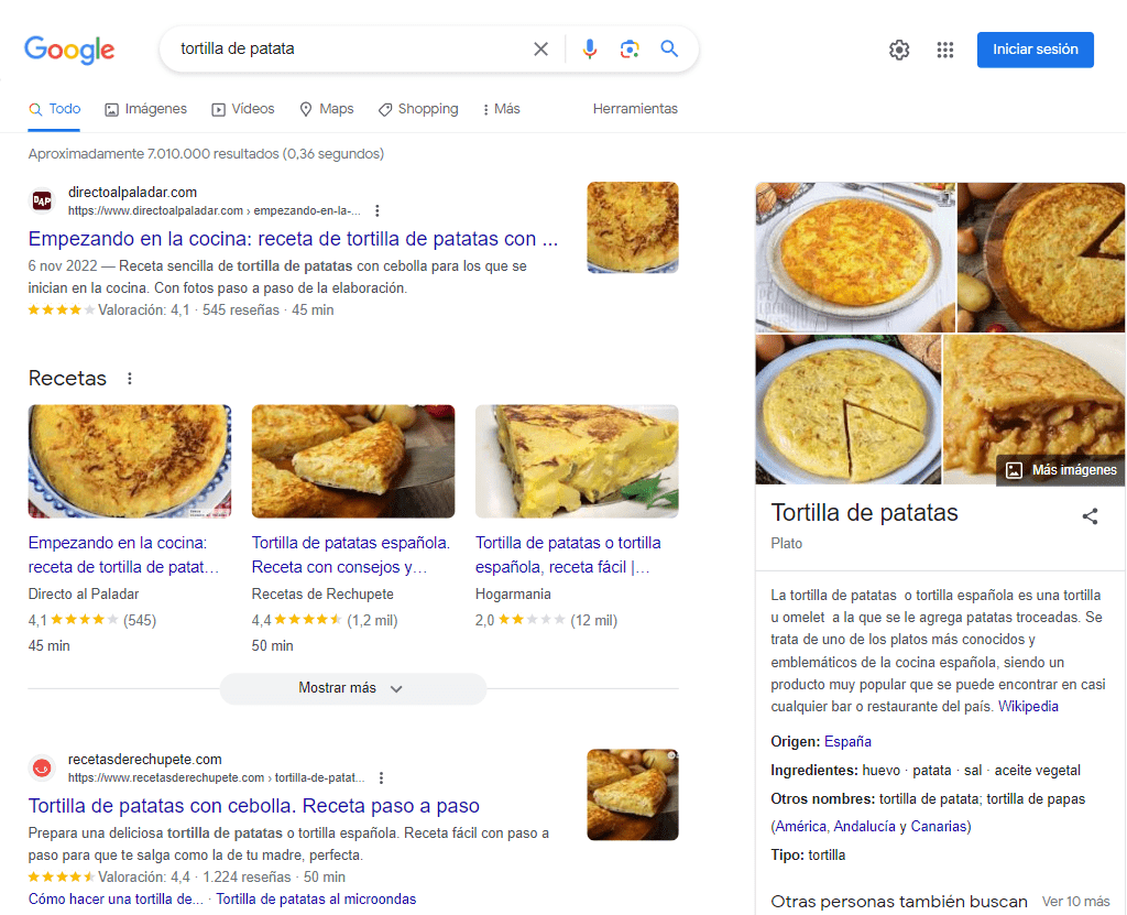 Intención de búsqueda para tortilla de patata