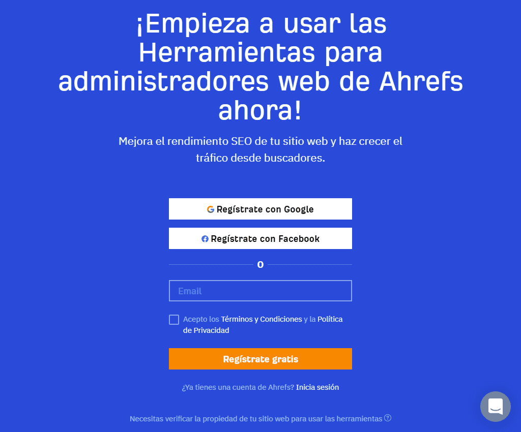 Pantalla de registro de Ahrefs Webmaster Tools