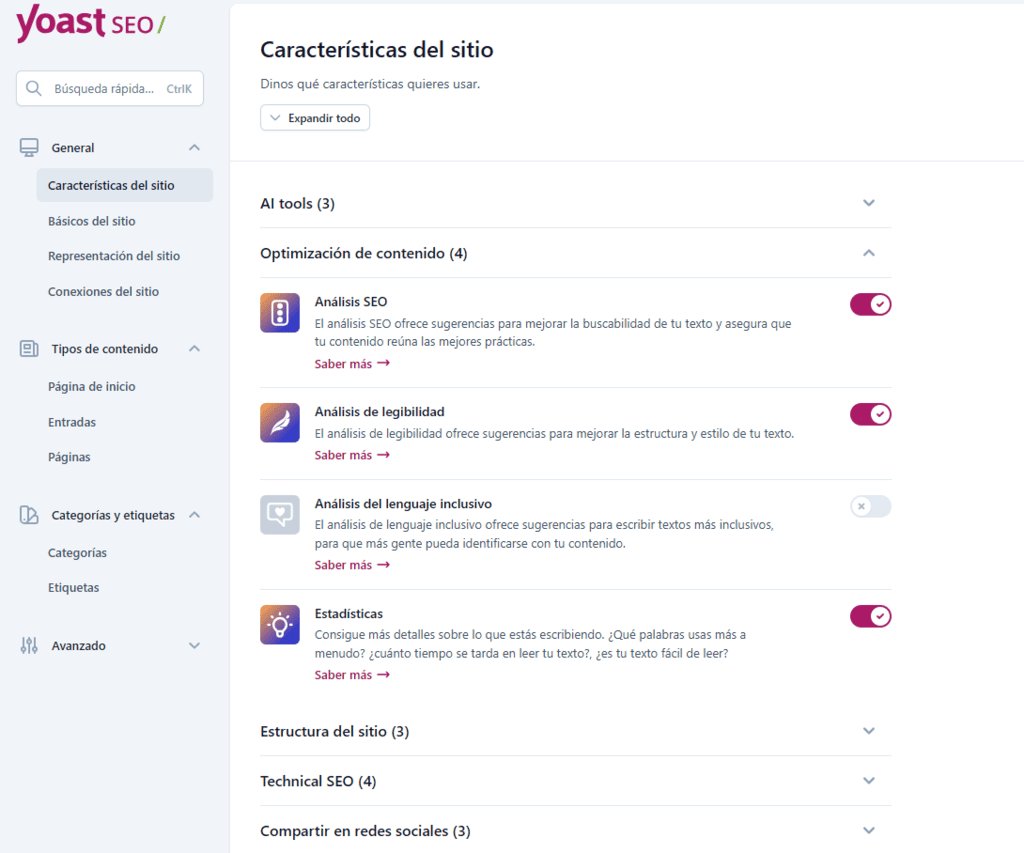 Ajustes de Yoast SEO - General - Características del sitio