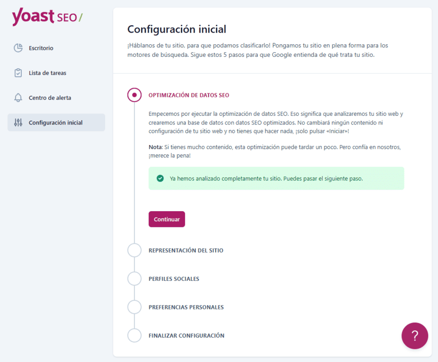 Asistente para la configuración inicial de Yoast SEO: Paso 1 - Optimización de datos SEO