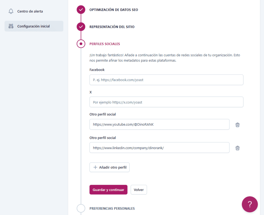  Asistente para la configuración inicial de Yoast SEO: Paso 3 - Perfiles sociales