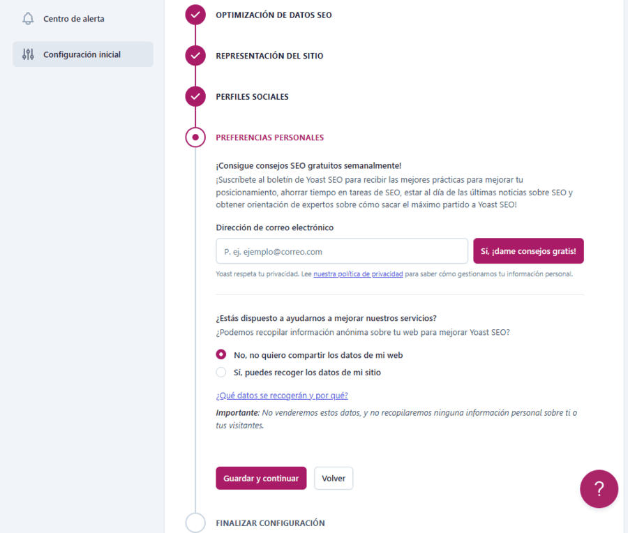 Asistente para la configuración inicial de Yoast SEO: Paso 4 - Preferencias personales