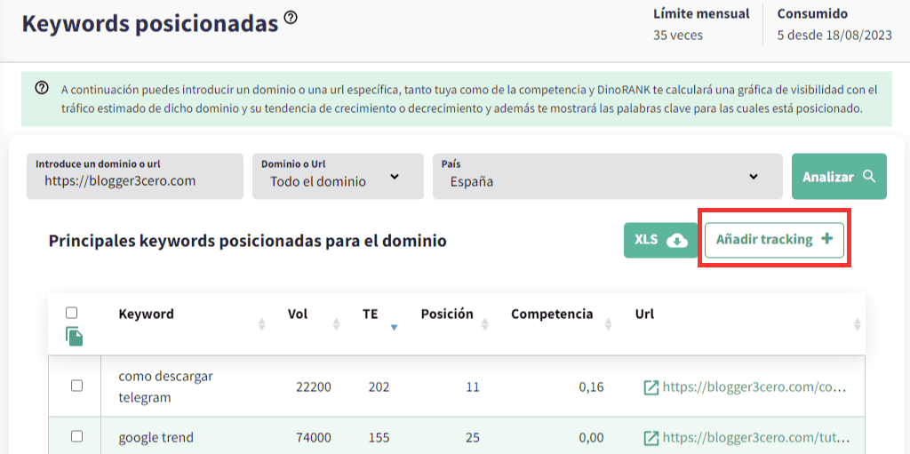 Adding new keywords to DinoRANK's position tracker from the Visibility and Competition module