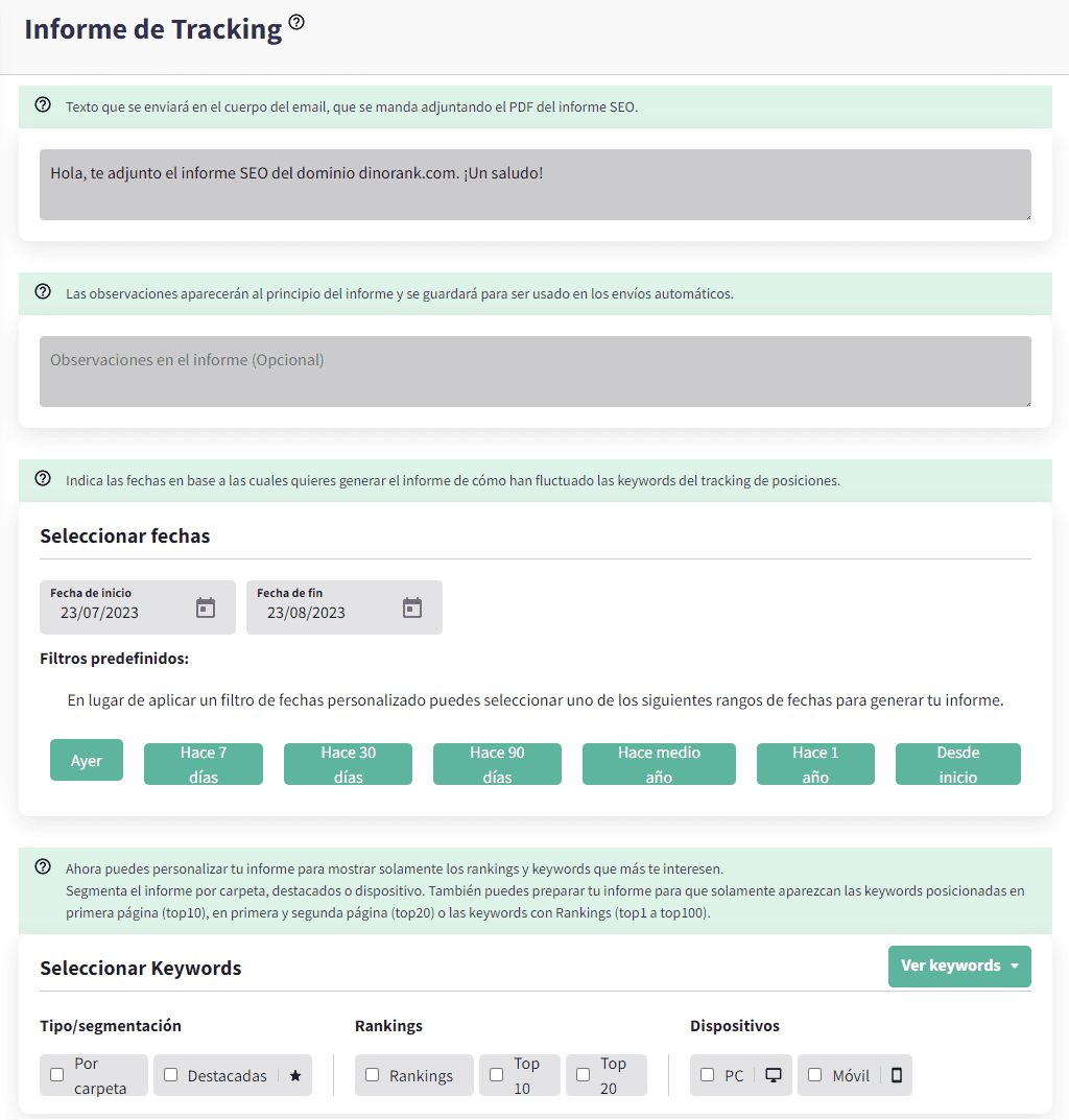 Custom reports in DinoRANK