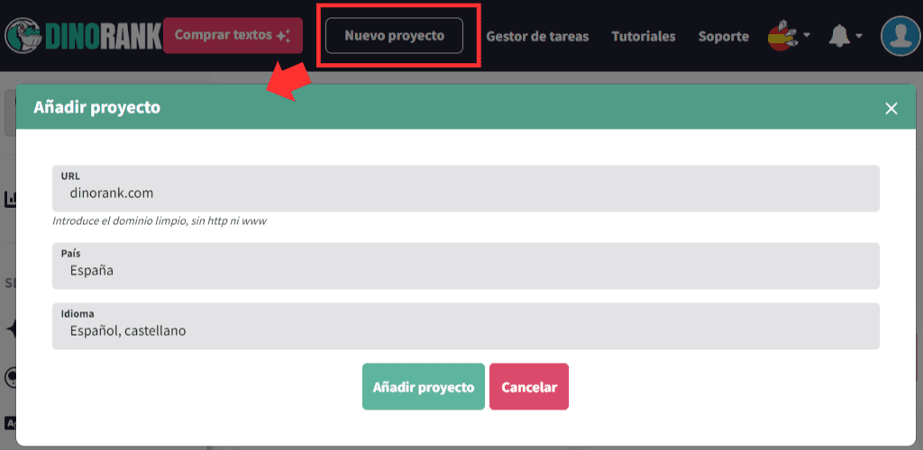 Creación de un nuevo proyecto en DinoRANK