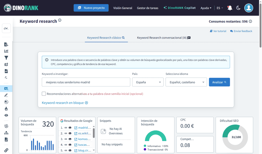 Módulo de keyword research de DinoRANK