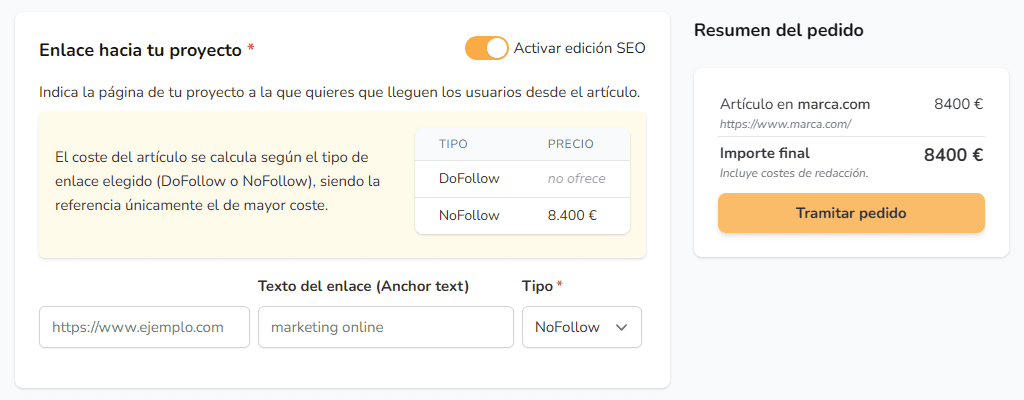 Estrategias de link building: ejemplo de enlace muy caro en un marketplace de compra-venta