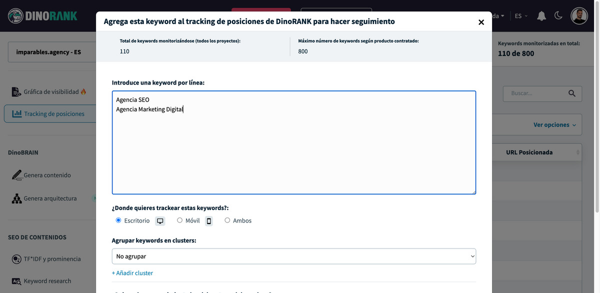 Añadir keywords al Tracking de Posiciones