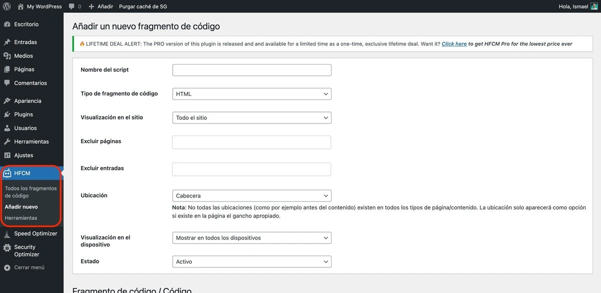 Configuración del plugin Header Footer Code Manager