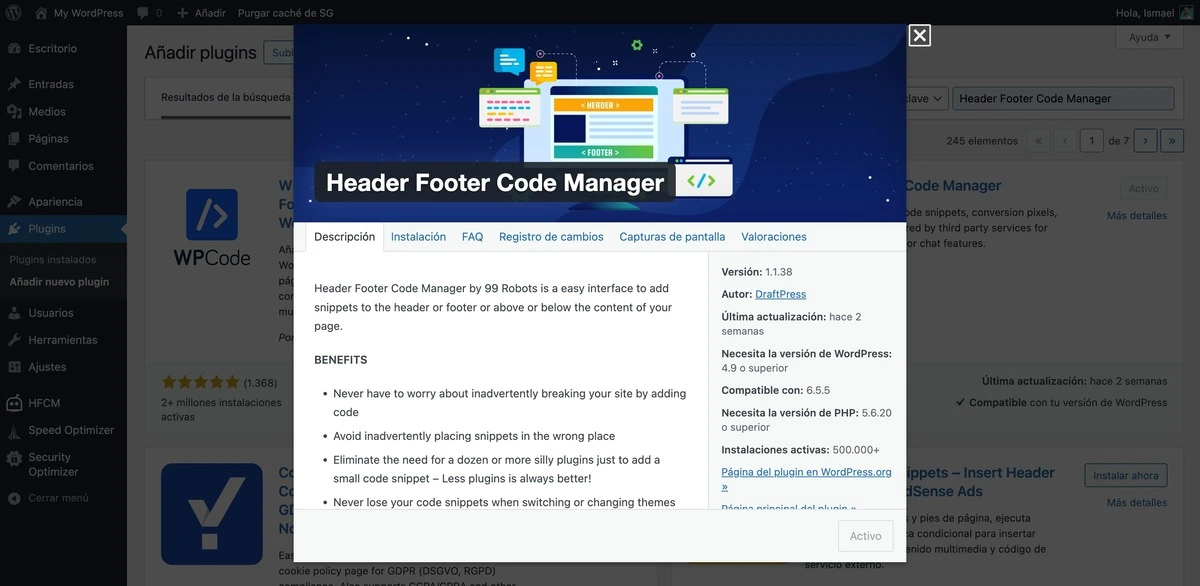 Descargar y activar Header Footer Code Manager