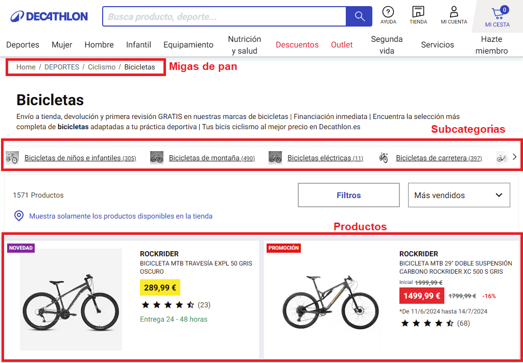 Ejemplo de página de Categoría para un ecommerce - web de Decathlon