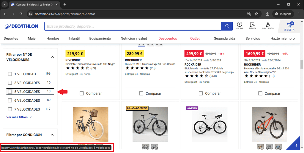 Ejemplo de filtros para un ecommerce - web de Decathlon