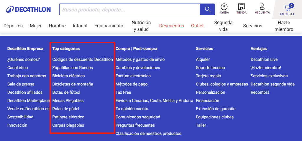 Ejemplo de footer de la página de Decathlon donde se incluyen enlaces a categorías relevantes