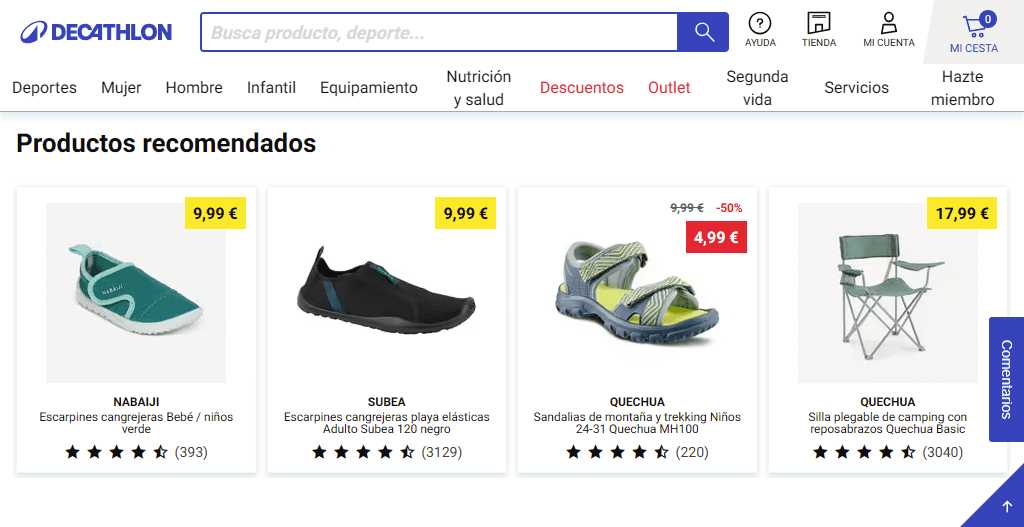 Ejemplo de página Home para un ecommerce - web de Decathlon