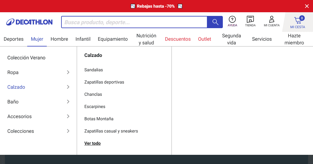 Ejemplo de menú de navegación de la página web de Decathlon