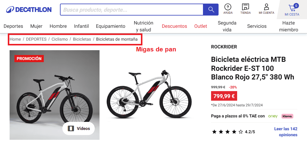 Ejemplo de página de Producto para un ecommerce - web de Decathlon