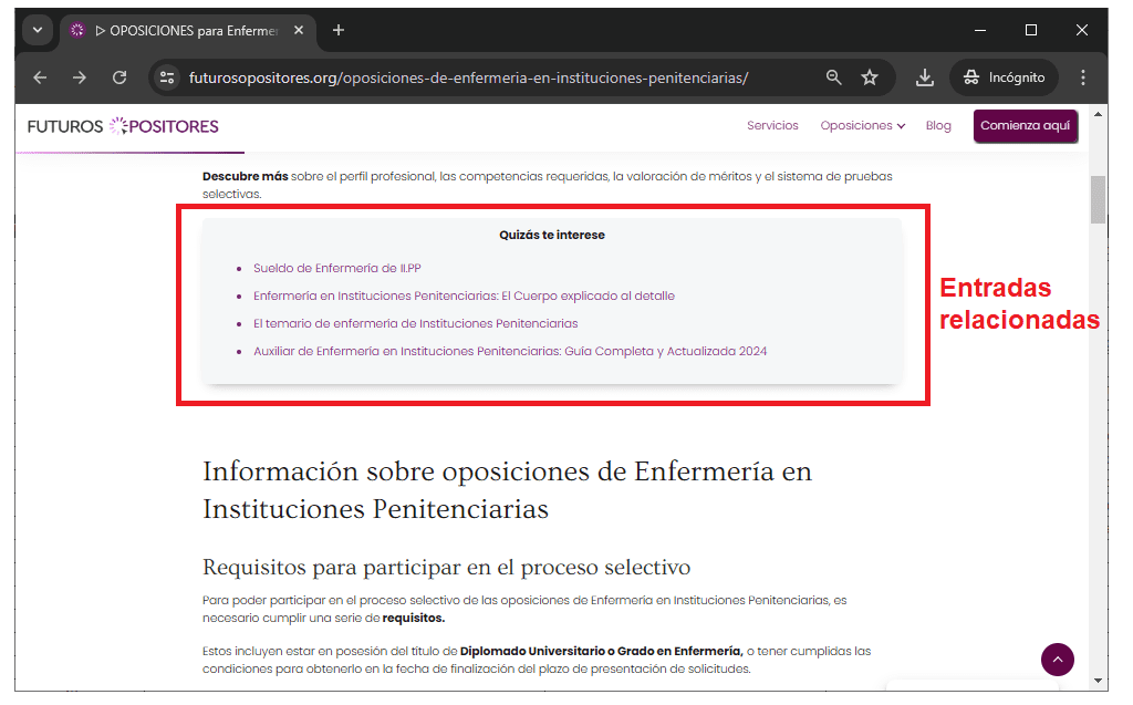 Ejemplo de entradas relacionadas en el blog de futurosopositores.org