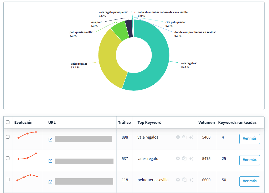 Módulo Análisis de la competencia de DinoRANK para SEO local. Agrupación por URLs