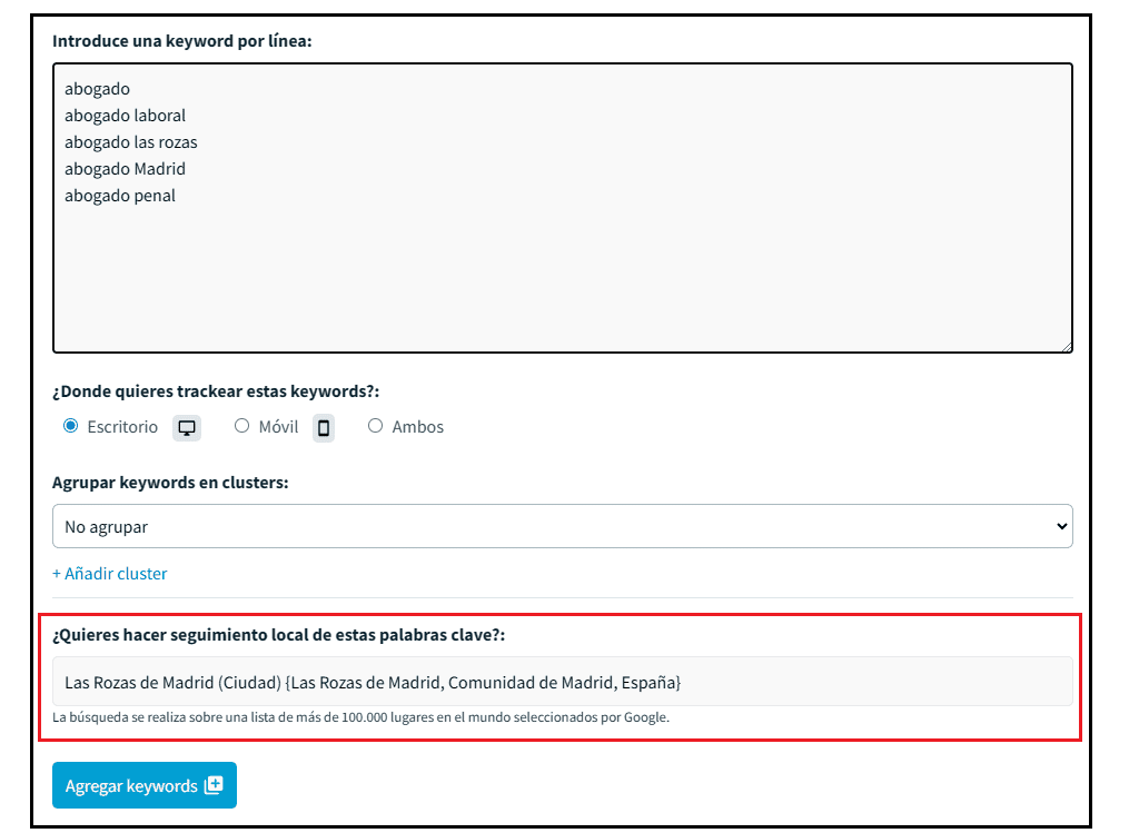 Módulo Keyword Tracking de DinoRANK para SEO local