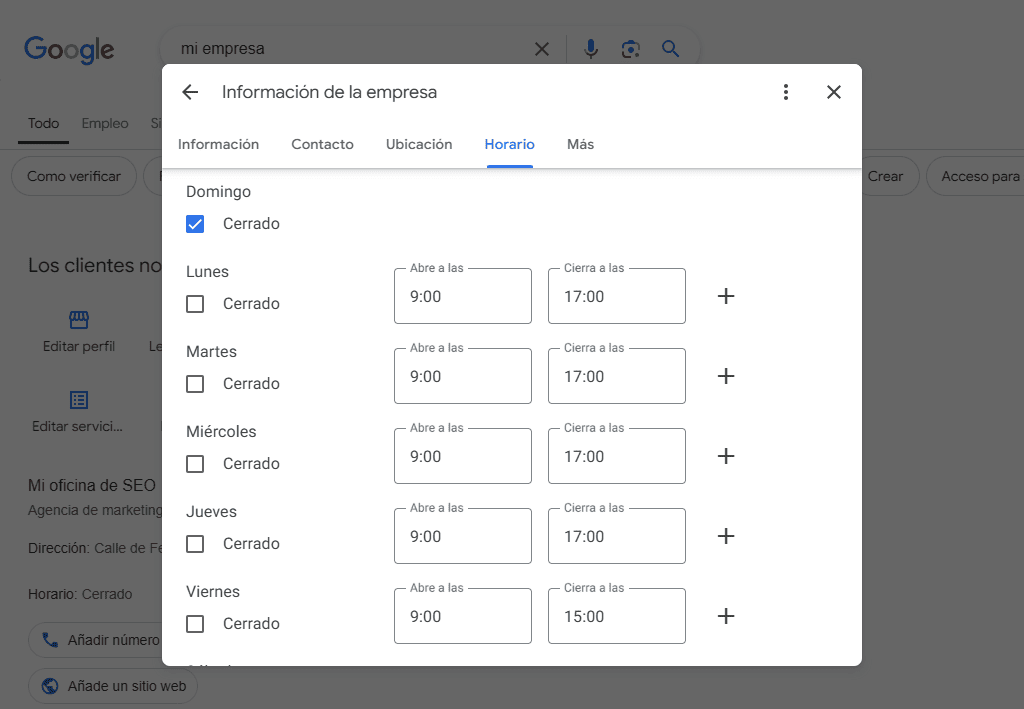 Editar horarios en Google My Business