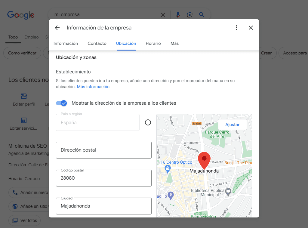 Modificar posición en el mapa en Google My Business