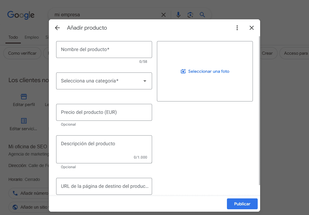 Crear productos en Google My Business
