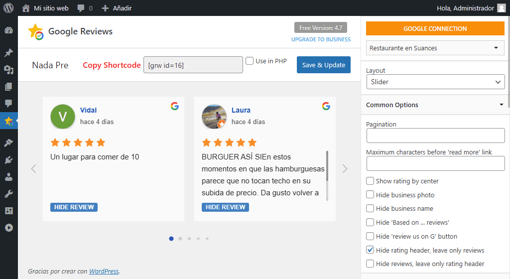 Plugin de WordPress para SEO local: Plugin for Google Reviews