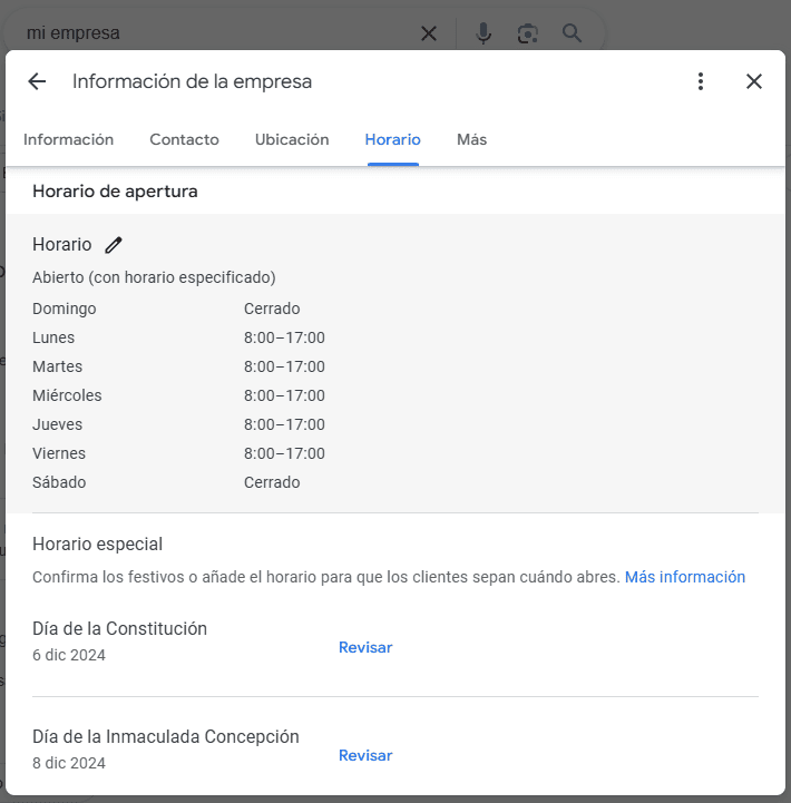 Completar el horario en Google My Business