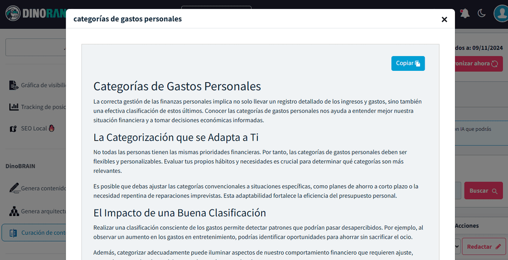 Módulo de curación de contenidos de DinoRANK: generación de texto con IA