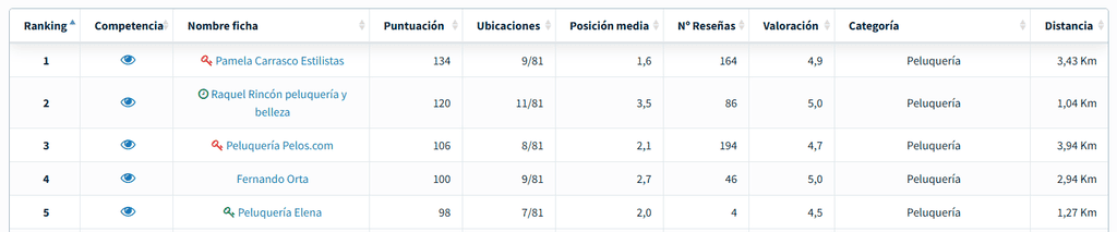 Módulo de SEO local de DinoRANK: tabla con los mejores resultados