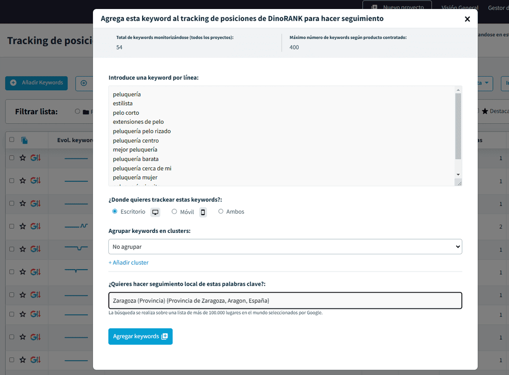 Módulo de keyword tracking de DinoRANK