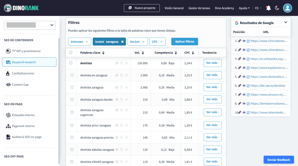 Estudio de palabras clave locales: uso de DinoRANK y los filtros de su módulo de Keyword Research