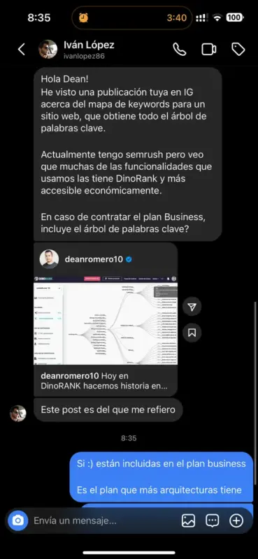 Testimonio cambio de Semrush a DinoRANK