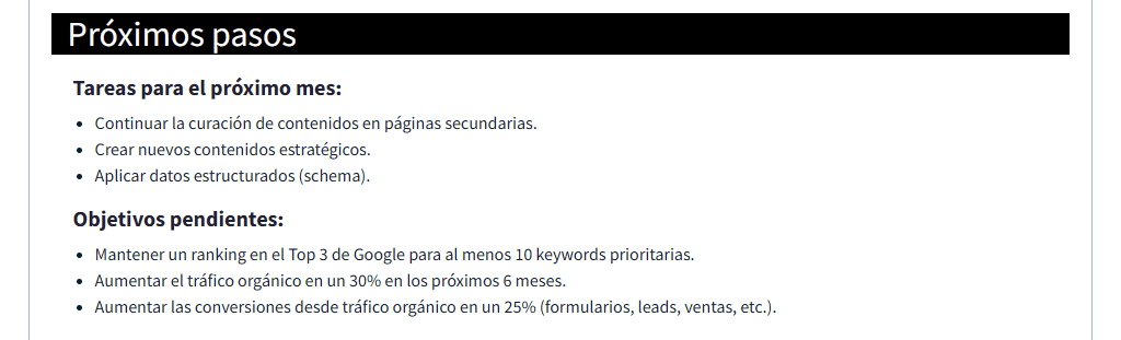 Plantilla de informe SEO de DinoRANK: próximos pasos a realizar