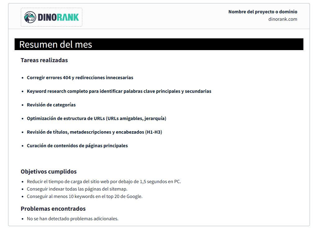 Plantilla de informe SEO de DinoRANK: tareas realizadas en el mes