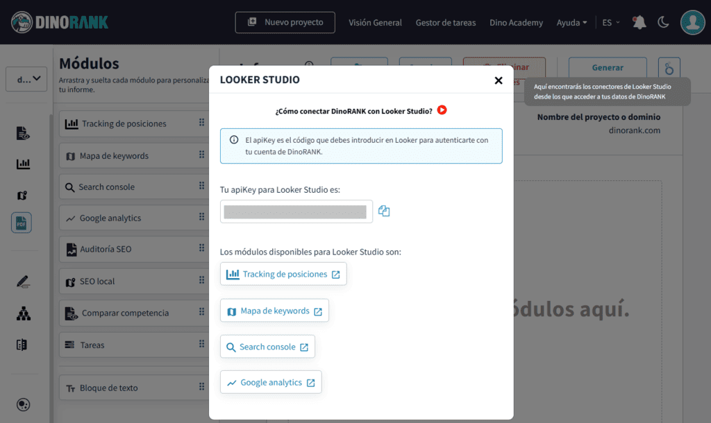 Cómo conectar DinoRANK con Looker Studio (panel de DinoRANK)