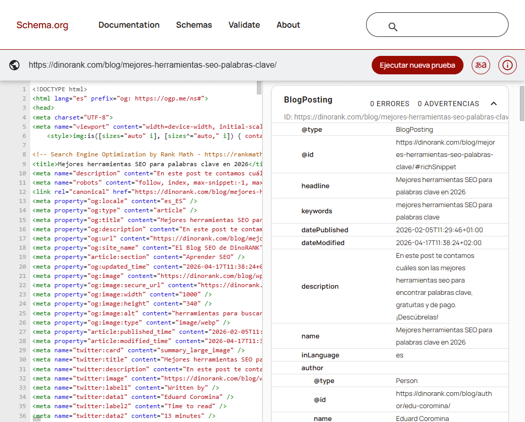 Datos estructurados de un post del blog de DinoRANK Datos estructurados de un post del blog de DinoRANK