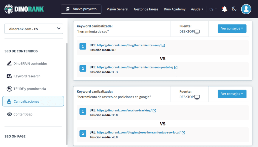Detectar canibalizaciones SEO con DinoRANK