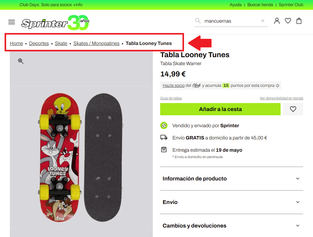 SEO para ecommerce: ejemplo de migas de pan