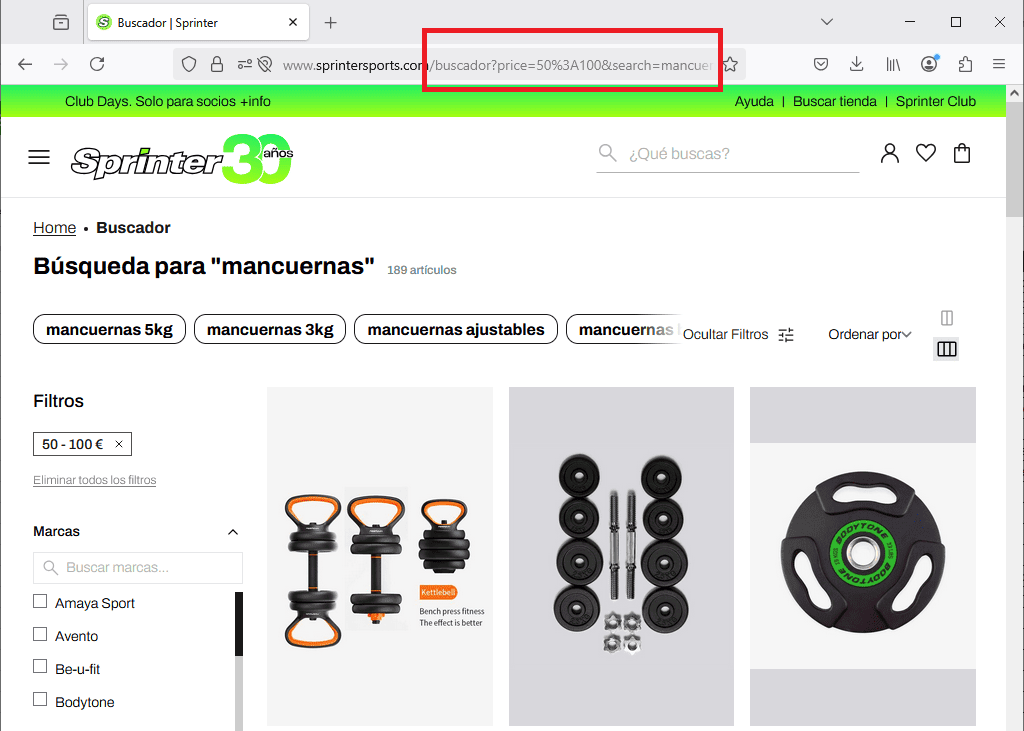 Ejemplo de URL generada por el buscador de un ecommerce
