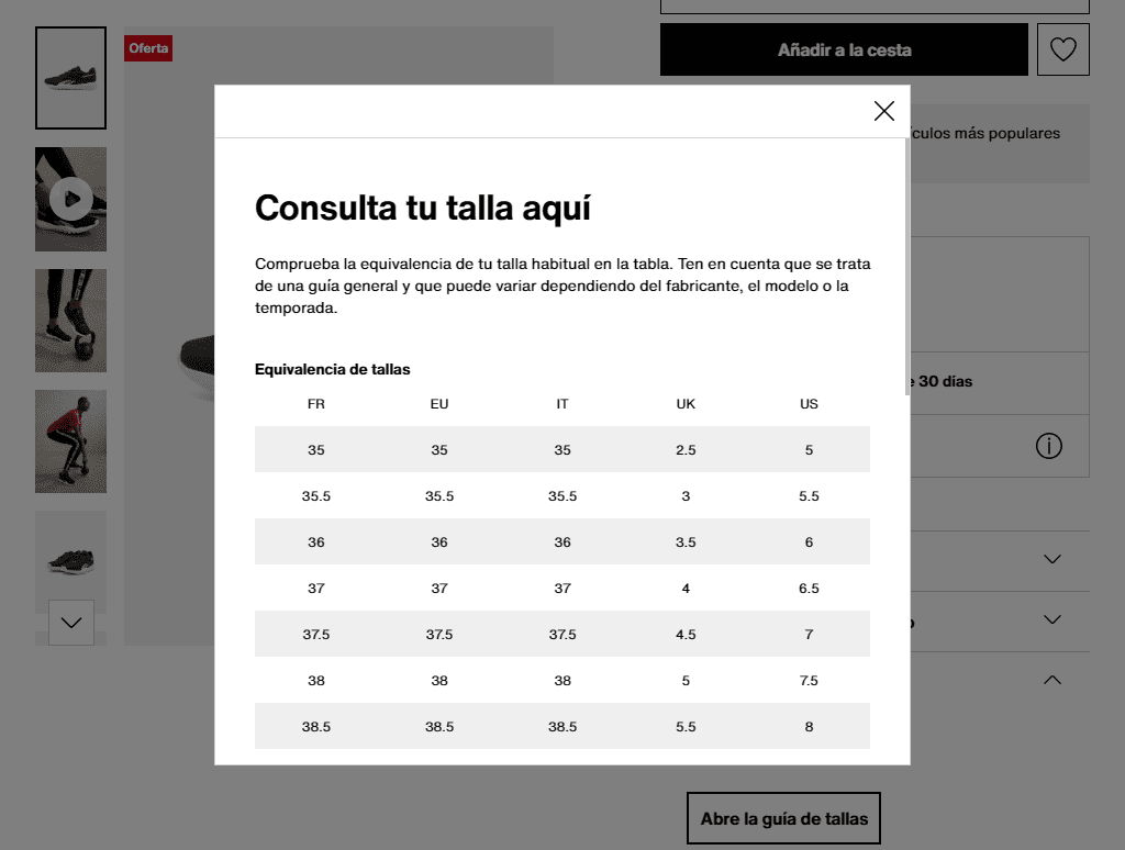 Ejemplo de ficha de producto: Zalando - descripciones y guía de tallas