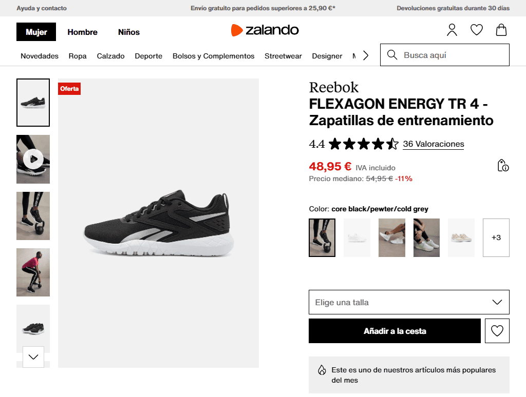 Ejemplo de ficha de producto: Zalando - vista superior