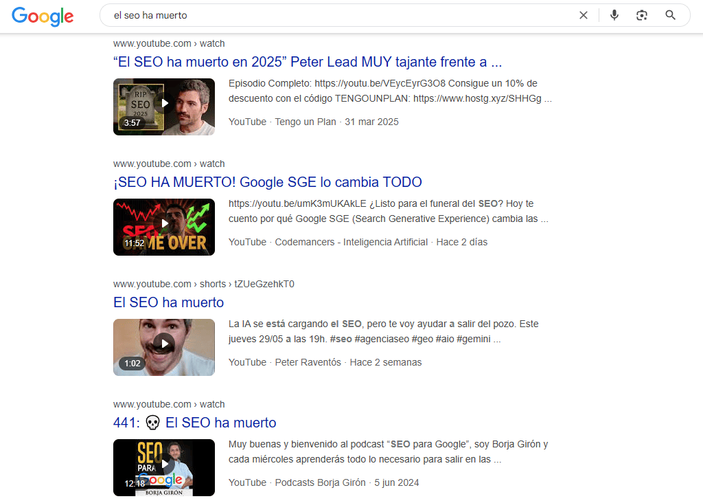Búsqueda en Google Videos sobre “El SEO ha muerto”.